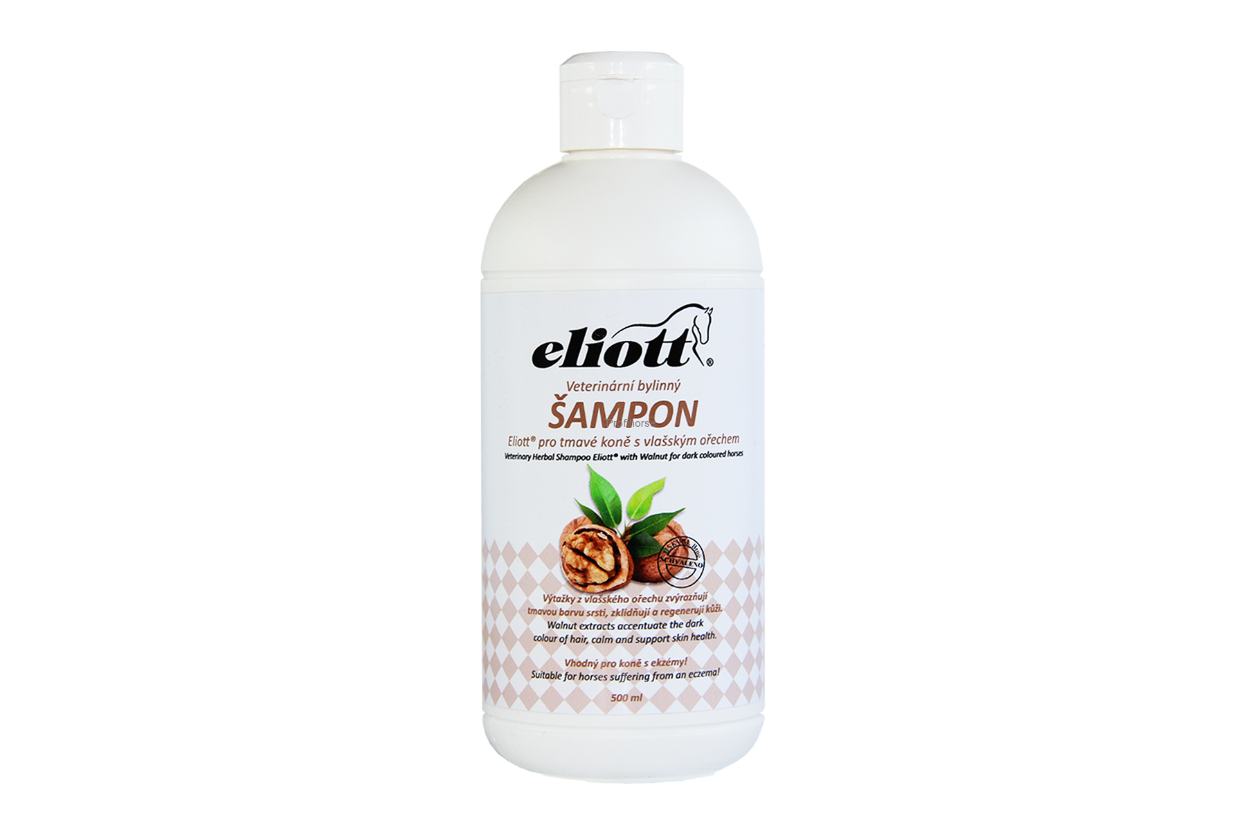 Veterinární bylinný šampon Eliott® pro tmavé koně s vlašským ořechem, 500 ml