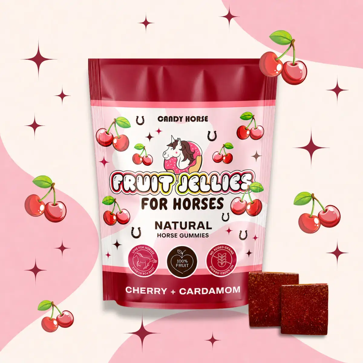 Ovocné želé třešeň + kardamom – měkké gumové bonbóny pro koně, 300 g