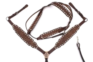 Westernová uzdečka tmavá, s květinovou ražbou, bílé ozdobné švy